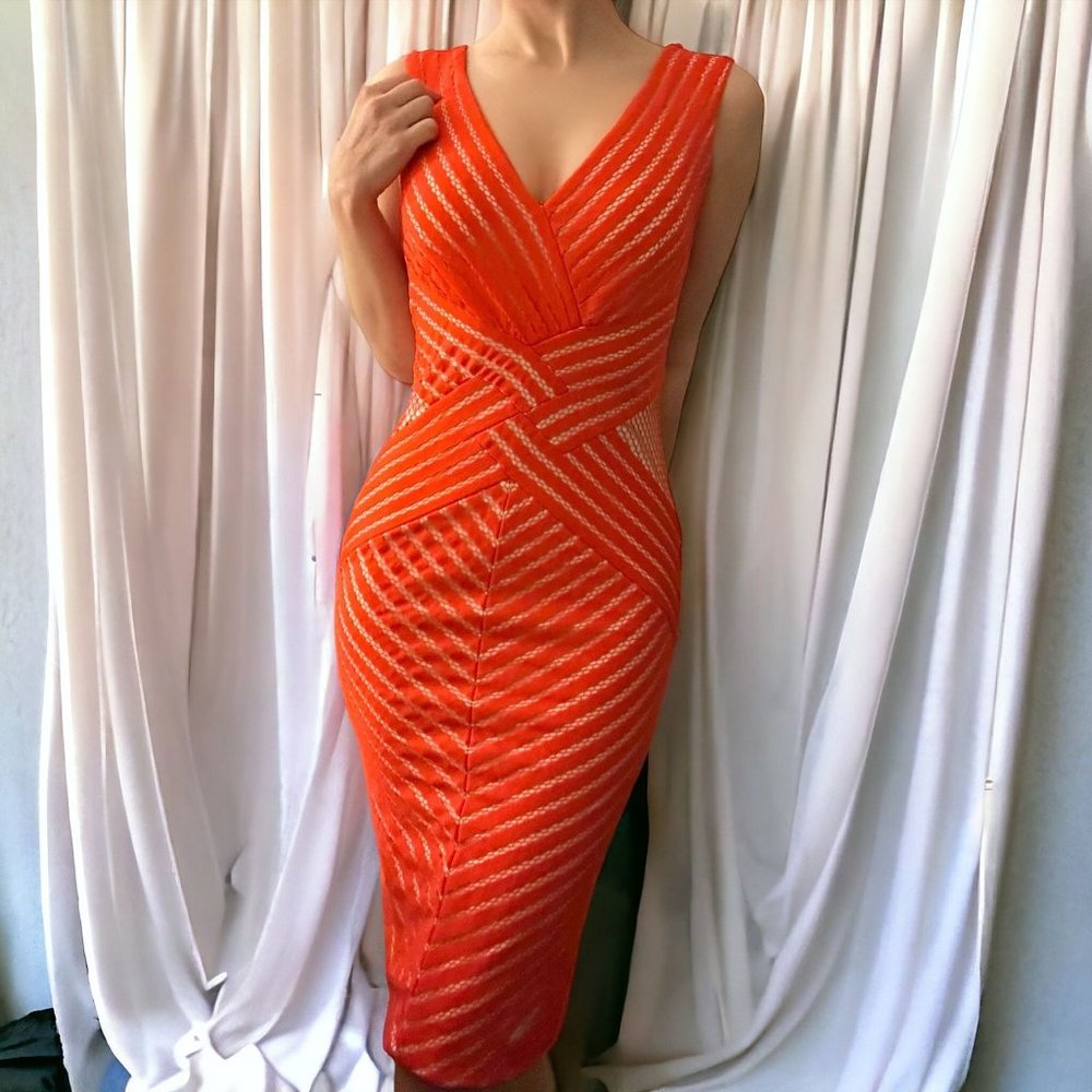 NEW Tadashi Shoji Saffron Orange V-Neck Midi Cocktail Dress Size XS